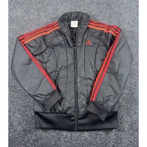 Adidas Women's XS Puffer Jacket Black Red 3 Stripe Quilted Full Zip Retro Style